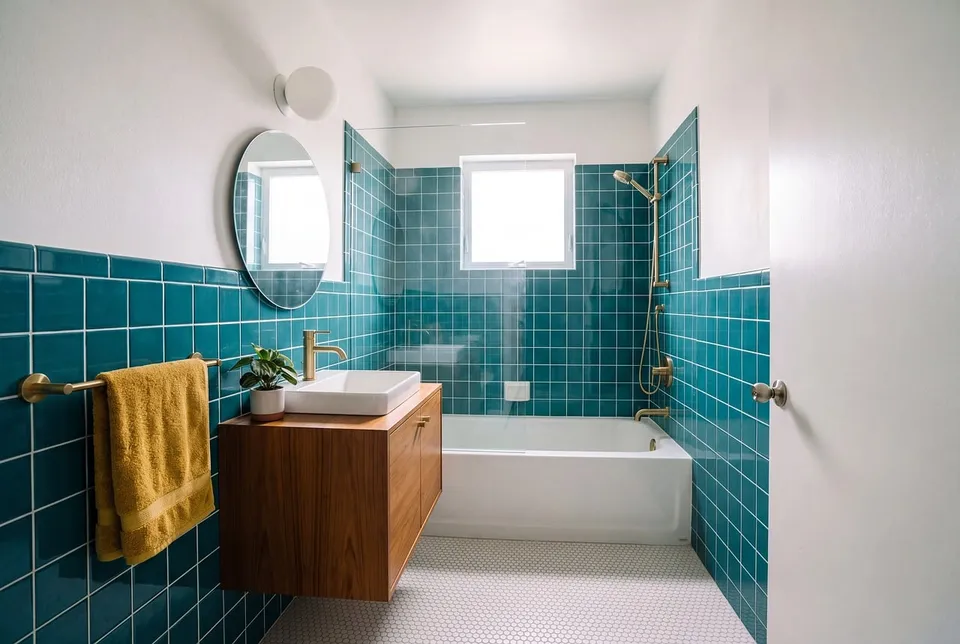 Bathroom blue tiles round mirror